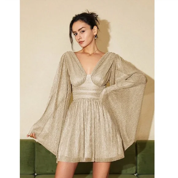 Champagne Beige Mini Dress Flared Bell Long Sleeve Fitted Waist - Picture 4 of 12